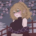  1girl bare_shoulders blonde_hair blush cherry_blossoms flat_color green_eyes looking_away miata_(pixiv) mizuhashi_parsee off_shoulder parted_lips pointy_ears ponytail shirt short_hair sleeveless solo texture touhou turtleneck upper_body 