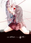  1girl animal_ears bandaged_head cover cover_page covering_one_eye extra_ears full_body gradient gradient_background jacket lavender_hair long_hair long_sleeves looking_at_viewer rabbit_ears red_eyes reisen_udongein_inaba shirt shoes sitting skirt solo sooru0720 text touhou 