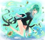  1girl absurdres artist_name black_dress dress floating_rock full_body green_eyes green_hair highres legs long_hair no_panties one-punch_man short_hair signature smile solo tatsumaki telekinesis 