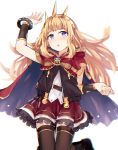  1girl :o black_legwear blonde_hair blush bow bracelet bracer cagliostro_(granblue_fantasy) cape chromatic_aberration granblue_fantasy hairband hashigo jewelry long_hair open_mouth red_skirt skirt solo thigh-highs violet_eyes zettai_ryouiki 