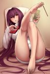  1girl ass barefoot black_panties blush breasts cellphone covered_nipples dress fate/grand_order fate_(series) feet hair_intakes leaning_back long_hair looking_at_viewer panties phone pillow pocky purple_hair red_eyes scathach_(fate/grand_order) shijiu_(adamhutt) sitting smartphone solo sweater sweater_dress toe_hold underwear very_long_hair 