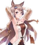 1girl :o animal_ears arms_behind_head arms_up belt blush breasts brown_hair cat_ears coat collar covered_navel criss-cross_halter denim fur_coat fur_trim gem granblue_fantasy groin hair_ornament hairpin halter_top halterneck jeans konnyaku_(kk-monmon) long_sleeves mole mole_under_mouth open_clothes open_coat pants parted_lips sapphire_(stone) shiny shiny_clothes shiny_skin short_hair side_cutout sideboob simple_background skin_tight sleeve_cuffs solo stella_(granblue_fantasy) tareme tassel white_background 