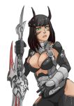 1girl black_gloves black_hair breasts cleavage elbow_gloves facial_tattoo final_fantasy final_fantasy_xiv gauntlets gloves green_eyes hime_cut hip_vent horns lips planted_sword planted_weapon roegadyn solo sword tattoo weapon whistle_frog 