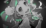  1girl candy close-up copyright_name kiznaiver lollipop looking_at_viewer monochrome multicolored_hair niyama_nico number smile solo spot_color streaked_hair twintails v yoneyama_mai 