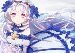  1girl :o blue_dress blush bouquet cross detached_collar detached_sleeves dress flower hair_flower hair_ornament head_wreath highres long_hair long_sleeves looking_at_viewer merc_storia nuenue_(ya-z) parted_lips rose smile solo strapless strapless_dress tareme white_hair white_rose 