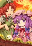  2girls blue_bow blush bow braid chinese_clothes closed_eyes crescent crescent_hair_ornament dress hair_bow hair_ornament harusame_(unmei_no_ikasumi) hat hong_meiling long_hair mob_cap multiple_girls open_mouth outdoors patchouli_knowledge puffy_short_sleeves puffy_sleeves purple_hair red_bow redhead short_sleeves smile star striped striped_dress teeth tongue touhou twin_braids violet_eyes 