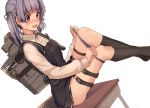  1girl akasaai black_legwear blush desk from_side hair_ribbon highres jumper kantai_collection kneehighs on_desk ooshio_(kantai_collection) open_mouth panties panty_pull purple_hair purple_panties remodel_(kantai_collection) ribbon school_desk school_uniform short_hair short_twintails simple_background sitting sitting_on_desk skirt smile solo twintails underwear white_background 