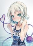  1girl aqua_eyes bare_shoulders blush closed_eyes closed_mouth hand_in_hair hand_up heart heart_of_string holding komeiji_koishi name_tag one-piece_swimsuit opanchu_(pixiv259683) school_swimsuit short_hair silver_hair skin_tight smile solo string swimsuit text third_eye touhou tsurime upper_body 