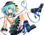  1girl akashio_(loli_ace) bent_knees blue_eyes boots bow commentary_request eyeball green_hair hat hat_ribbon heart heart_of_string komeiji_koishi long_sleeves looking_at_viewer ribbon short_hair skirt smile solo third_eye touhou white_background wide_sleeves 