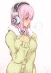  1girl blank_speech_bubble blush breasts cardigan deni_m hand_on_own_chest headphones large_breasts long_hair looking_away necktie nitroplus open_mouth pink_eyes pink_hair solo speech_bubble super_sonico 