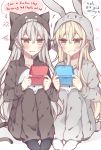  2girls amatsukaze_(kantai_collection) blonde_hair blush english grey_hair grin handheld_game_console heart highres kantai_collection kvlen long_hair multiple_girls nintendo_3ds pajamas shimakaze_(kantai_collection) sitting smile squatting star yellow_eyes 