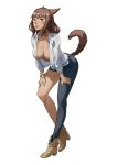  1girl animal_ears asymmetrical_clothes breasts brown_hair cat_ears cat_tail cleavage facial_mark final_fantasy final_fantasy_xiv highres imdsound looking_at_viewer miqo&#039;te open_clothes open_shirt red_eyes shirt short_hair simple_background single_pantsleg solo tail 