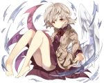  1girl ass barefoot bow bowtie braid dress error full_body jacket kishin_sagume long_sleeves looking_at_viewer purple_dress red_eyes short_hair silver_hair simple_background single_wing solo sweetroad touhou white_background wings 