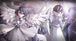 1girl adjusting_clothes adjusting_gloves ahoge alela_grora angel_wings back-to-back black_hair bow bowtie collared_shirt crossed_arms dress gloves grey_hair haiiro_teien halo highres long_coat long_hair nano_(mianhua_maoqiu) pale_skin shirt short_hair twintails wings wodahs younger 