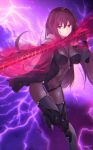  1girl bodysuit breasts covered_navel fate/grand_order fate_(series) gae_bolg highres holding holding_weapon kesoshirou long_hair looking_at_viewer pauldrons purple_hair scathach_(fate/grand_order) smile solo violet_eyes weapon 