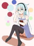  1girl alternate_costume aqua_eyes black_legwear blue_hair book casual detached_sleeves dress headphones hibiki_(kantai_collection) highres holding holding_book kantai_collection l_(twintilde) over-kneehighs sitting sketch smile solo thigh-highs verniy_(kantai_collection) 