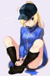  1girl ;( ahoge baseball_cap black_boots black_hat blonde_hair blue_eyes blue_jacket blue_scarf blush boots character_name closed_mouth cross-laced_footwear fate_(series) hachi105 hair_between_eyes hat heroine_x highres indian_style jacket knee_boots knees_up long_sleeves rojiura_satsuki_:_chapter_heroine_sanctuary saber scarf shoelaces short_hair sitting solo spread_legs thighs track_jacket tsurime 