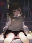  1girl bow bowtie cardigan_vest drinking_straw green_eyes green_hair highres long_hair looking_at_viewer milk_carton original panties pantyshot pantyshot_(sitting) school_uniform shivu_(mochi) sitting skirt solo squinting stairs underwear white_panties 