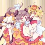 2girls animal_ears blonde_hair capelet fang frills grey_hair hair_ornament jewelry kemonomimi_mode long_sleeves looking_at_viewer mouse_ears mouse_tail multiple_girls nazrin necklace open_mouth orange_eyes pants red_eyes ribbon shoes short_hair smile striped striped_background tail tail_ribbon tiger_ears tomobe_kinuko toramaru_shou touhou wide_sleeves 