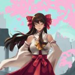  1girl bow breasts brown_hair closed_eyes detached_sleeves hair_bow hair_tubes hakurei_reimu hands_on_hips hannah_santos highres japanese_clothes lips long_hair miko nose red_bow solo touhou wide_sleeves 