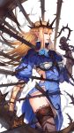  1girl 2016 aqua_eyes arita_(crusaders_quest) arm_at_side armor armored_boots bangs between_breasts black_legwear blonde_hair blue_dress blue_flower blue_rose boots braid breastplate cowboy_shot crusaders_quest dated dress eyebrows eyebrows_visible_through_hair eyelashes flower gauntlets head_wreath highres lace lace-trimmed_thighhighs long_hair restrained rose side_cutout signature solo spikes squidsmith thigh-highs thorns white_background 