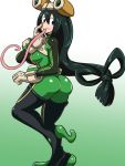  1girl :&gt; akanbe ass asui_tsuyu black_eyes black_hair bodysuit boku_no_hero_academia boots breasts eyelashes frog_girl from_behind full_body gloves goggles goggles_on_head gradient gradient_background green_background hair_rings highres large_breasts long_hair long_tongue looking_back low-tied_long_hair monster_girl shiny shiny_clothes shiva_(johan-s) skin_tight solo standing standing_on_one_leg thigh-highs thigh_boots tongue tongue_out white_background 