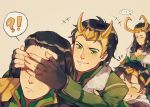  1girl 3boys black_hair covering_eyes genderswap green_eyes helmet horned_helmet kid_loki loki_(marvel) marvel multiple_boys multiple_persona qin_(7833198) 