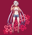  1girl breasts cleavage denim denim_shorts flip-flops front-tie_top grey_hair groin highres jacket long_hair midriff navel open_clothes open_jacket red_background sandals senki_zesshou_symphogear short_shorts shorts solo tomaty. twintails yukine_chris 