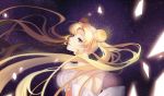  1girl akl bare_shoulders bishoujo_senshi_sailor_moon blonde_hair blue_eyes commentary_request crescent double_bun dress earrings facial_mark forehead_mark hair_ornament jewelry long_hair princess_serenity sky solo star_(sky) starry_sky strapless strapless_dress tsukino_usagi twintails white_dress 