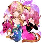  2girls ;d animal_ears arm_around_shoulder blonde_hair bow cheety_(show_by_rock!!) chino_machiko choker dress jacket lion_ears lion_tail long_hair looking_at_viewer lyna_(show_by_rock!!) multicolored_hair multiple_girls nail_polish one_eye_closed open_mouth paw_pose pink_hair ponytail red_eyes short_hair show_by_rock!! smile tail two-tone_hair yellow_eyes yuri 