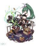  &gt;_&lt; 1girl :d absurdres black_legwear closed_eyes firing full_body gears green_eyes green_hair gun highres kneehighs kyouki_no_kimi looking_at_viewer merc_storia open_mouth ponytail shorts simple_background smile solo thigh_strap touhou weapon white_background wince xd 