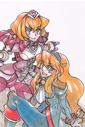  2girls alexia_lynn_elesius armor armored_dress blonde_hair blue_eyes bow breasts clarissa_arwin dress error gloves hairband jewelry knight long_hair lowres multiple_girls open_mouth ribbon short_hair sidelocks smile tomoki_(21791) wild_arms wild_arms_xf 