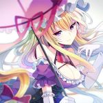  1girl blonde_hair breasts cleavage corset elbow_gloves fruit_punch gloves hair_ribbon hat long_hair mob_cap parasol ribbon solo touhou umbrella violet_eyes yakumo_yukari 