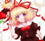  1girl bangs black_shirt blonde_hair bow doll doll_joints eyebrows eyebrows_visible_through_hair faceless flower frills hair_ribbon lily_of_the_valley looking_at_viewer lying medicine_melancholy mugino_kirin on_back partially_translated puffy_short_sleeves puffy_sleeves red_bow red_ribbon red_skirt ribbon shirt short_sleeves skirt su-san touhou translation_request upper_body white_flower 