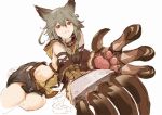  1girl :3 animal_ears arm_strap arm_support belt blush claw_(weapon) collar cowboy_shot flipped_hair foreshortening gloves granblue_fantasy grey_hair hip_vent hood long_hair looking_at_viewer lying miniskirt on_side outstretched_arm partially_colored paw_gloves paw_pose pleated_skirt red_eyes sen_(granblue_fantasy) skirt so-bin solo weapon 