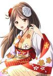  1girl alternate_costume amagi_(kantai_collection) brown_eyes brown_hair commentary_request flower hair_flower hair_ornament highres japanese_clothes jewelry kantai_collection kimono kuno_(k_u_n_o) long_hair long_ponytail looking_at_viewer mole mole_under_eye new_year open_mouth ring solo wedding_band 