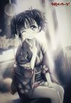  1girl ;) blush copyright_name greyscale highres japanese_clothes kimono koutetsujou_no_kabaneri kuro_neko_(yxmikan) looking_at_viewer monochrome mumei_(kabaneri) one_eye_closed sitting smile solo twintails 