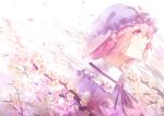  1girl absurdres blue_dress cherry_blossoms chun_lanlanlan commentary_request dress flower hat highres hitodama japanese_clothes kimono perfect_cherry_blossom petals pink_eyes pink_hair saigyouji_yuyuko short_hair solo touhou tree triangular_headpiece 