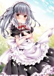  1girl alternate_costume apron black_dress brown_eyes dress enmaided grey_hair kantai_collection kasumi_(kantai_collection) long_hair maid maid_apron maid_headdress nogi_takayoshi open_mouth petals puffy_sleeves short_sleeves side_ponytail silver_hair smile solo waist_apron 