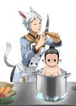  2girls animal_ears black_hair brown_eyes cat_ears cat_tail cooking final_fantasy final_fantasy_xiv green_eyes grey_hair highres imdsound in_container knife lalafell miqo&#039;te multiple_girls nude one_eye_closed pointy_ears pot short_hair tail 