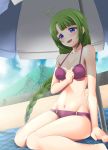  1girl :d ahoge bare_shoulders beach beach_umbrella bikini blue_eyes blush braid breasts clouds cloudy_sky collarbone green_hair groin kantai_collection long_hair looking_at_viewer mole mole_under_mouth navel open_mouth purple_bikini sand single_braid sitting sky smile solo swimsuit tilm umbrella very_long_hair wariza yuugumo_(kantai_collection) 