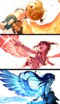  3girls :d ahoge back bangs blue_wings bracelet brown_eyes brown_hair feathered_wings feathers fingerless_gloves gloves grin hair_between_eyes highres ibuki_tsubasa idolmaster idolmaster_million_live! jewelry kasuga_mirai ky_(kurokky709) long_hair looking_at_viewer mogami_shizuka multiple_girls one_side_up open_mouth orange_wings outstretched_arms pink_eyes pointing red_wings short_hair smile spread_arms wings 