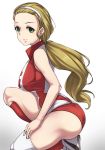  1girl ass blonde_hair brown_eyes from_side girls_und_panzer hair_slicked_back hair_tie hairband hand_on_own_thigh highres knee_pads kneeling light_smile long_hair looking_at_viewer red_legwear red_shorts sasaki_akebi shirt shoes short_shorts shorts sleeveless sleeveless_shirt sneakers socks solo sportswear thighs volleyball_uniform white_background white_shoes yamaori 
