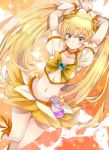  1girl blonde_hair blush choker collarbone cure_sunshine female hair_ribbon heart heartcatch_precure! highres long_hair looking_at_viewer magical_girl midriff mihara_youzora myoudouin_itsuki navel precure ribbon skirt smile solo twintails wrist_cuffs yellow_eyes yellow_skirt 