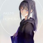  1girl achyue akemi_homura alternate_hairstyle backlighting bag casual hairband handbag hood hoodie light_particles long_hair looking_to_the_side mahou_shoujo_madoka_magica ponytail purple_hair simple_background solo upper_body violet_eyes wavy_mouth 