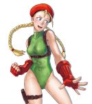  1girl antenna_hair backpack bag beret blonde_hair blue_eyes braid breasts cammy_white clenched_hand covered_navel cowboy_shot elbow_gloves eyebrows fingerless_gloves gloves hat highleg highleg_leotard leotard light_smile long_hair nobubu red_gloves solo street_fighter street_fighter_v thigh_pouch twin_braids 