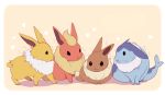  :3 animal beige_background eevee flareon full_body heart ikuchi_osutega jolteon looking_at_another no_humans pokemon pokemon_(creature) pokemon_(game) pokemon_rgby rabbit rounded_corners simple_background sitting vaporeon white_border 