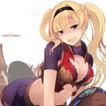  blonde_hair blue_eyes blush breasts commentary_request granblue_fantasy hairband large_breasts long_hair looking_at_viewer open_mouth simple_background smile solo_focus sts twintails white_background zeta_(granblue_fantasy) 