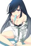  1girl bare_shoulders between_legs black_bra black_hair bra breasts brown_eyes dessert food gradient_hair hair_over_one_eye hayashimo_(kantai_collection) ice_cream indian_style kantai_collection long_hair long_sleeves looking_at_viewer mouth_hold multicolored_hair open_clothes popsicle shirt simple_background sitting underwear uramiyuki v_arms white_background white_shirt 