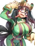  1girl :&gt; asui_tsuyu belt black_hair blush blush_stickers bodysuit boku_no_hero_academia breasts cleavage eyelashes frog_girl from_above gloves goggles goggles_on_head hair_rings hand_on_head highres huge_breasts long_hair long_tongue low-tied_long_hair monster_girl naeun_(pinky1866) open_mouth shiny shiny_clothes skin_tight solo tongue tongue_out violet_eyes 